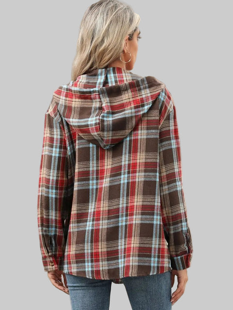 Back view of a woman wearing the Plaid Hooded Drawstring Top with a colorful plaid pattern.