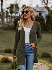 Ribbed Button-Up Cardigan with Pockets worn by a model outdoors in a casual setting with sunglasses and a white top.