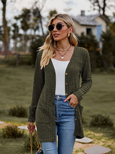 Ribbed Button-Up Cardigan with Pockets worn by a model outdoors in a casual setting with sunglasses and a white top.