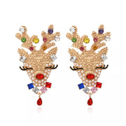 18K Gold Reindeer Earrings featuring colorful rhinestones and synthetic pearls in a festive design.