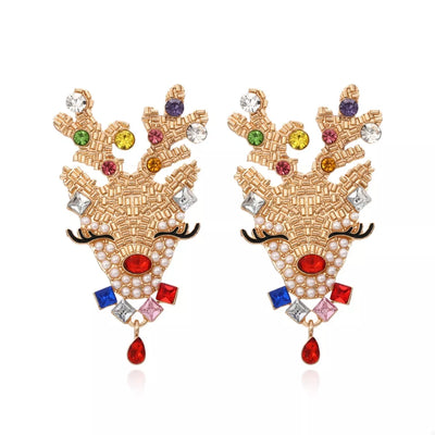 18K Gold Reindeer Earrings featuring colorful rhinestones and synthetic pearls in a festive design.