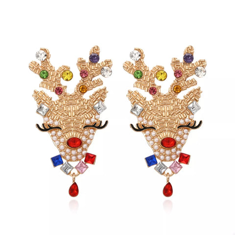 18K Gold Reindeer Earrings featuring colorful rhinestones and synthetic pearls in a festive design.