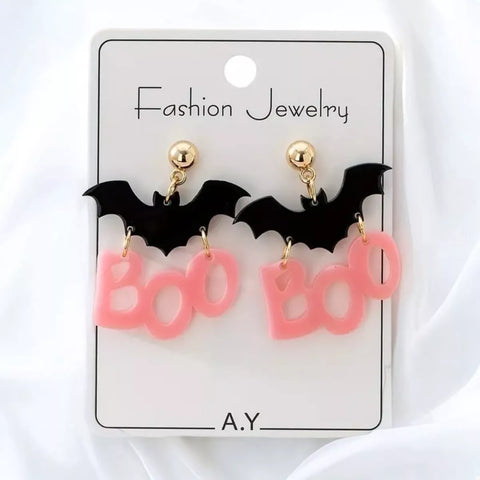 Halloween Bat “Boo” Dangle Earrings – Spooky Cute Statement Jewelry on display with black bat charms.