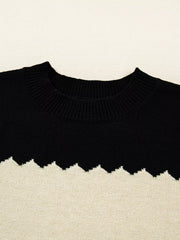 Close-up of a Color Block Drop Shoulder Sweater – Crew Neck Knit, featuring a black crew neck and zigzag pattern.