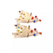 18K Gold Reindeer Earrings showcasing festive design with pearls and colorful rhinestones.
