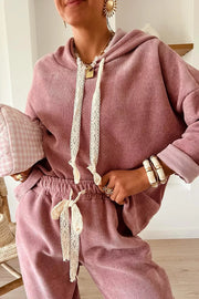 Lace Drawstring Two-Piece Set in soft pink fabric, featuring a cozy hoodie and matching drawstring pants.