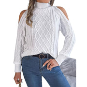 Cable Knit Cold Shoulder Turtleneck Sweater in gray with stylish cutouts and cozy cable knit design.