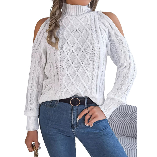 Cable Knit Cold Shoulder Turtleneck Sweater in gray with stylish cutouts and cozy cable knit design.