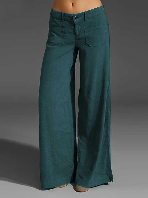 Plus Size Wide Leg Pants with Pockets – Full Length Comfort Fit in teal color, featuring a relaxed silhouette and side pockets.