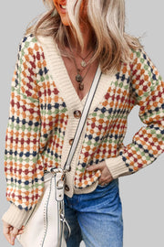 Buttoned Wool Blend Top featuring a stylish buttoned cardigan with colorful patchwork design, perfect for casual outfits.