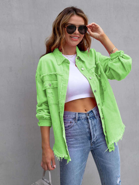 Distressed Fringe Denim Jacket-green-front-view.jpg