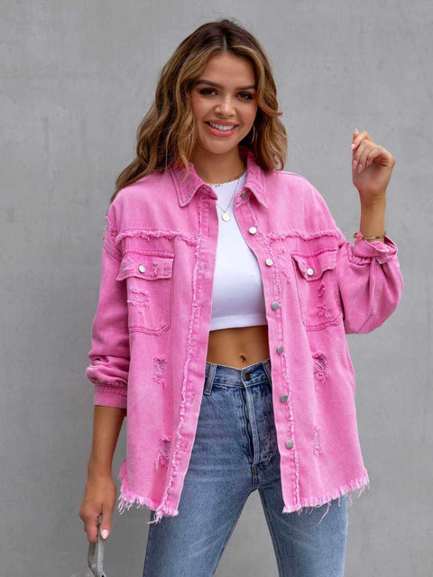 Distressed Fringe Denim Jacket-pink-front-view.jpg