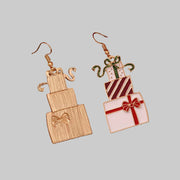 Stacked Gift Box Christmas Earrings featuring colorful stacked present charms with bows and glitter accents.