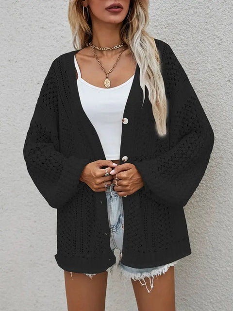 Openwork Button Front Cardigan featuring a stylish black openwork design and relaxed fit.