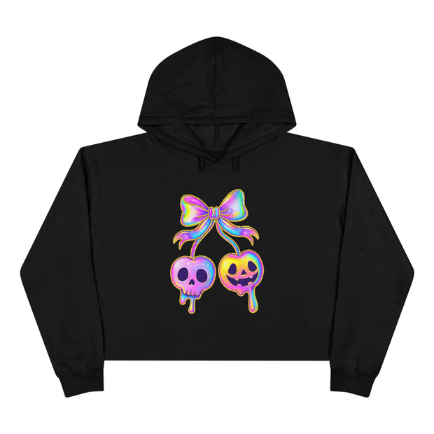 Edgy Crop Hoodie with Rainbow Skull Bow Design, Streetwear, Halloween Fashion, Gift for Her, Trendy Fall Outfit