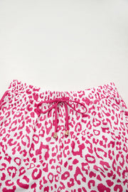 Pink Leopard Elastic Waistband Lace up Contrast Trim Casual Shorts