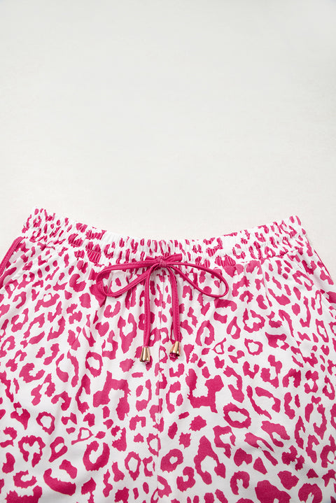 Pink Leopard Elastic Waistband Lace up Contrast Trim Casual Shorts