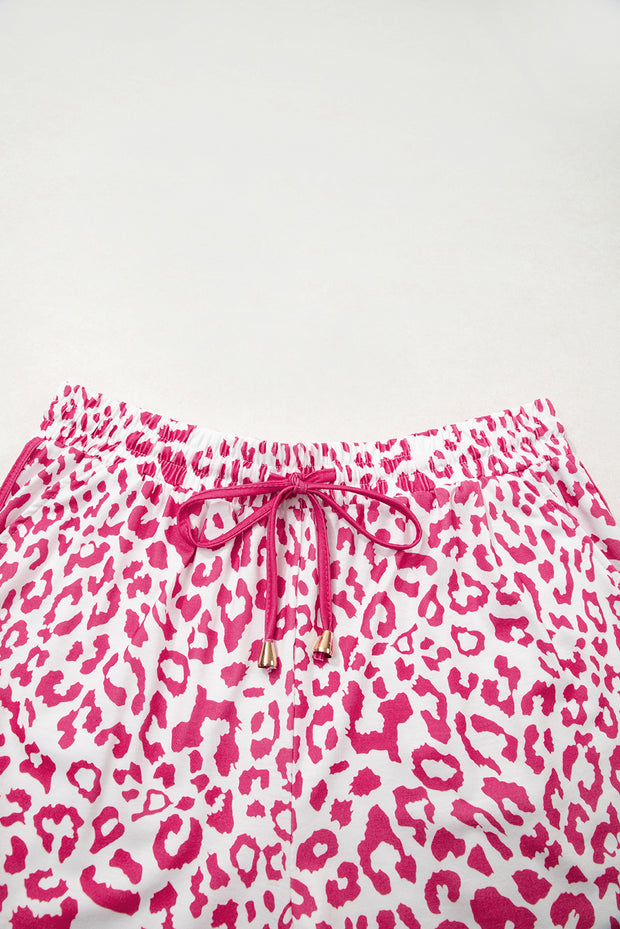 Pink Leopard Elastic Waistband Lace up Contrast Trim Casual Shorts
