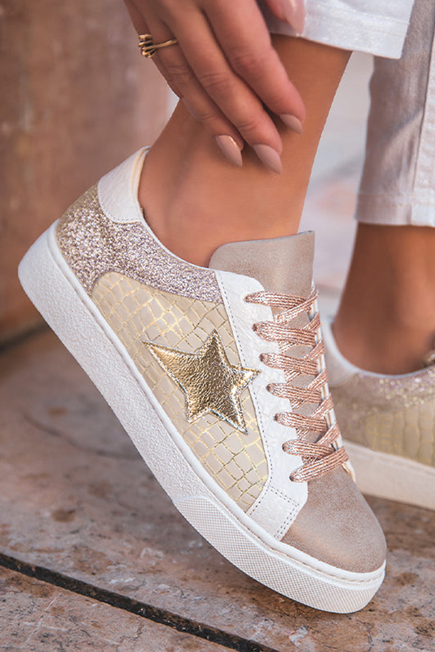Gold glitter star patchwork PU leather lace-up sneakers viewed from the side, highlighting stylish design and trendy details.