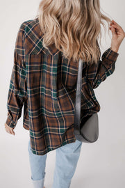 Back view of brown plaid button-up shacket showing long sleeves and soft flannel texture