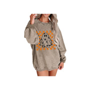 Halloween Checkerboard Ghost Graphic Sweatshirt – Spooky Floral Corded Pullover worn by model with ghost design.