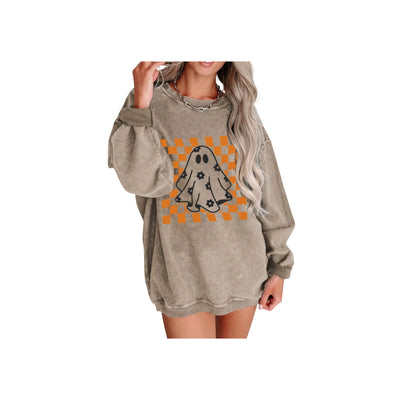 Halloween Checkerboard Ghost Graphic Sweatshirt – Spooky Floral Corded Pullover worn by model with ghost design.