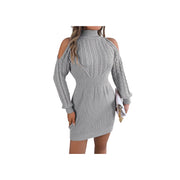 Cold Shoulder Cable Knit Turtleneck Sweater Dress – Long Sleeve Cutout Knit Dress in grey with stylish cold shoulder design.