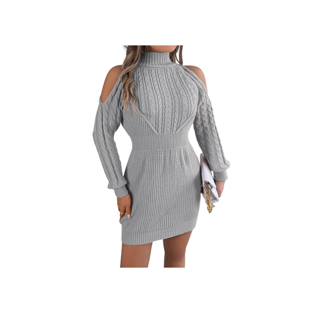 Cold Shoulder Cable Knit Turtleneck Sweater Dress – Long Sleeve Cutout Knit Dress in grey with stylish cold shoulder design.