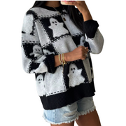 Halloween Ghost Checkered Drop-Shoulder Sweater featuring playful ghost pattern perfect for autumn layering.