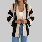 Cozy Color Block Button-Up Cardigan – Long Sleeve Knit Sweater
