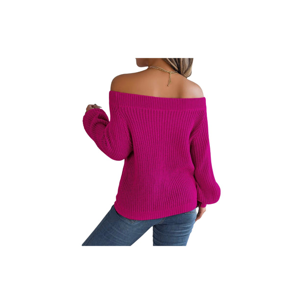 Trendy Openwork Off-Shoulder Knit Sweater – Cozy Fall Long Sleeve Top in vibrant pink, showcasing a stylish off-shoulder design.