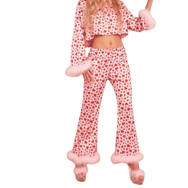 Heart Print Long Sleeve Button Top & Pants Lounge Set featuring cozy heart pattern and fluffy trim.