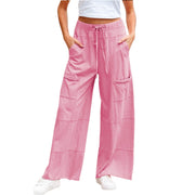 Mineral Wash Reverse Seam Drawstring Elastic Waist cargo pants in pink with adjustable waistband and functional pockets.