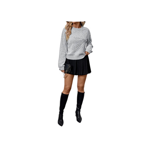Embroidered Flower Bow Sweater with Rhinestone Detail – Round Neck Long Sleeve paired with a black pleated skirt.