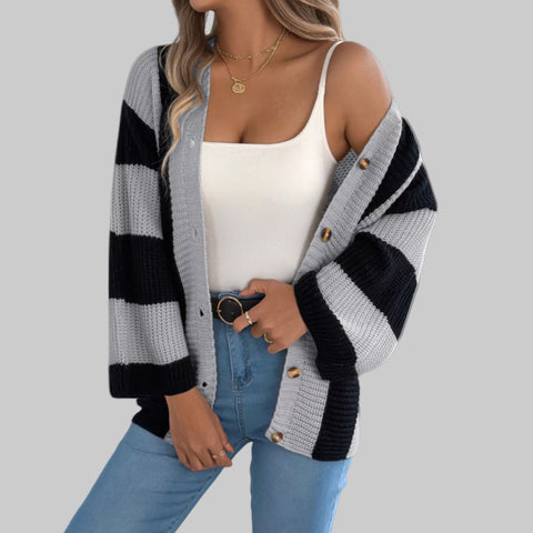 Cozy Color Block Button-Up Cardigan – Long Sleeve Knit Sweater