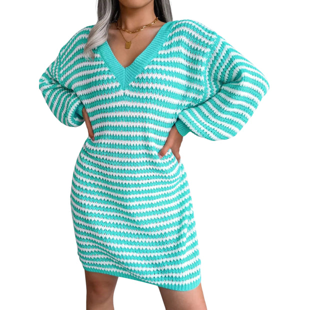Striped Ribbed V-Neck Sweater Dress – Long Sleeve Knit in teal and white with 3/4 sleeves, perfect for stylish layering.