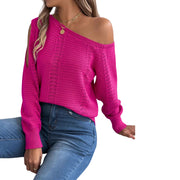 One-Shoulder Openwork Cutout Long Sleeve Sweater – Chic Knit Pullover in bright pink worn with blue jeans.