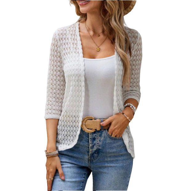 Open Front 3/4 Sleeve Cardigan – Lightweight Layer worn over a white top with blue jeans, showcasing its airy texture and style.