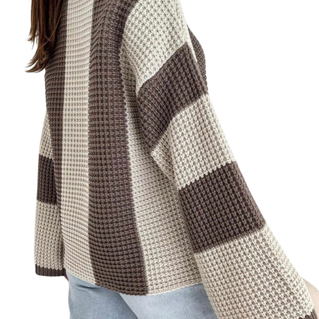 Cozy Color Block Oversized Sweater featuring a comfortable relaxed fit and stylish large knit pattern.