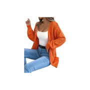 Openwork Knit Open-Front Cardigan – Lightweight Long Sleeve Layering Sweater in vibrant orange, styled over a white top.
