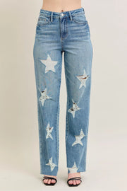 Judy Blue Plus Size High Waist Magic Star Destroy 90’s Straight Jeans with distressed star details and raw hems.