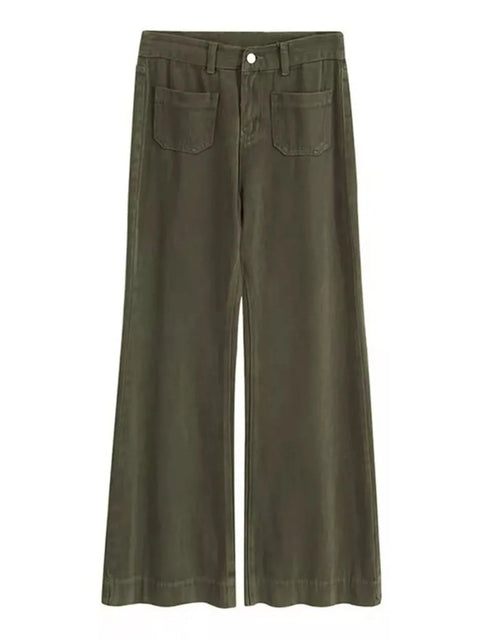 Plus Size Wide Leg Pants with Pockets – Full Length Comfort Fit in stylish olive green design.