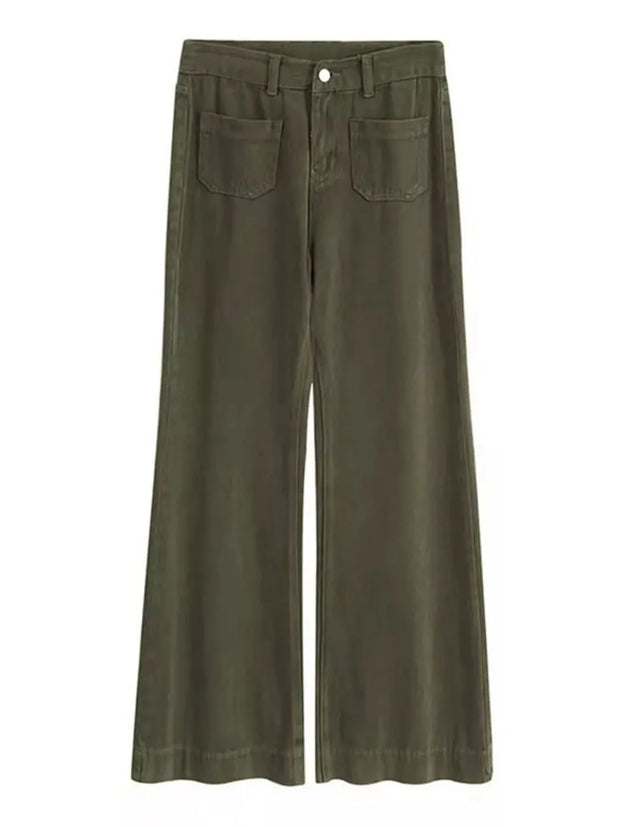 Plus Size Wide Leg Pants with Pockets – Full Length Comfort Fit in stylish olive green design.