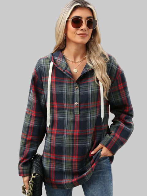 Plaid Hooded Drawstring Top featuring a cozy plaid pattern, functional hood, and relaxed fit, perfect for casual style.
