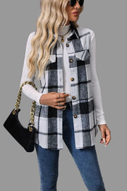 Plaid Button-Up Vest Coat styled with a white top and jeans, showcasing a structured plaid design and button-front closure.