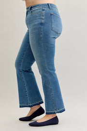 Judy Blue High-Waist Straight Leg Jeans showcasing a flattering fit and tummy control, worn with stylish flats.