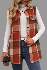 Plaid Button-Up Vest Coat styled over a white top, featuring a structured plaid pattern and button-front closure.