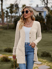 Ribbed Button-Up Cardigan with Pockets worn outdoors, styled with jeans and a tank top, featuring long sleeves and pockets.