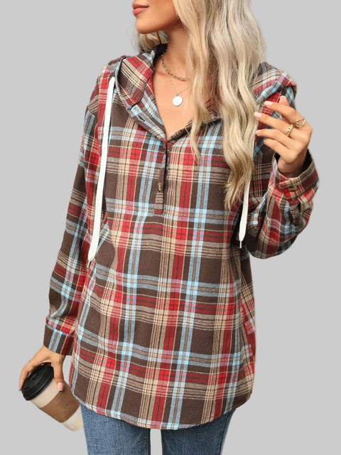 Plaid Hooded Drawstring Top in soft plaid pattern, featuring a drawstring hood and button-up front for casual style.