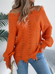 Distressed Hem Openwork Off-Shoulder Sweater – Relaxed Knit in vibrant orange design, featuring raw hemline and open-knit details.